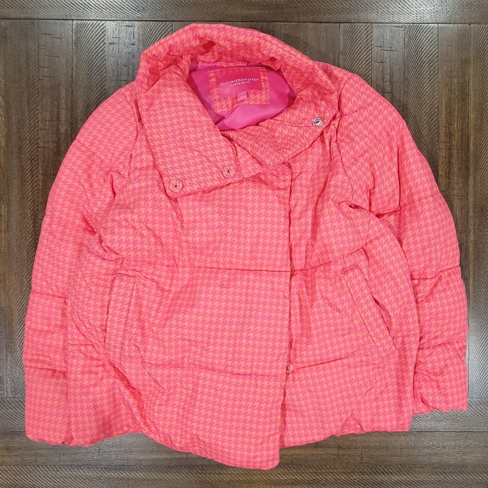 Isaac Mizrahi Live! Always Isaac Short Puffer Coat-Pink Houndstooth Small Womens